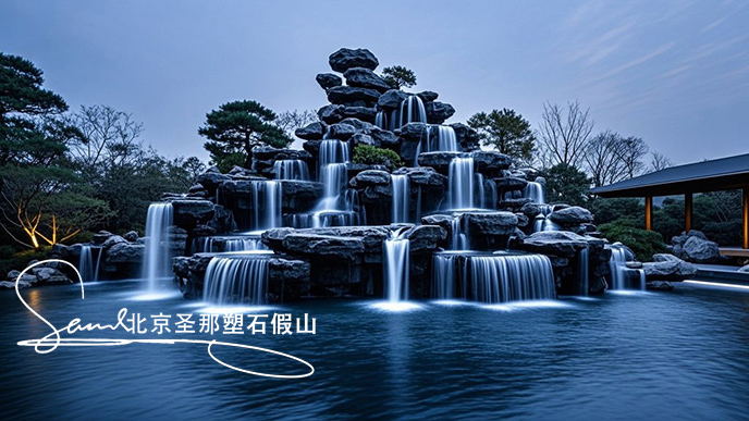jimeng-2025-06-08-901-這是一處富有特色的天然千層石的假山，石頭是和太湖石一樣有自然橫向紋理，是用真正的天然假山石頭制作，能有明顯的凸凹。水流從上層緩緩流下，落入下層的石池中。背景....jpeg