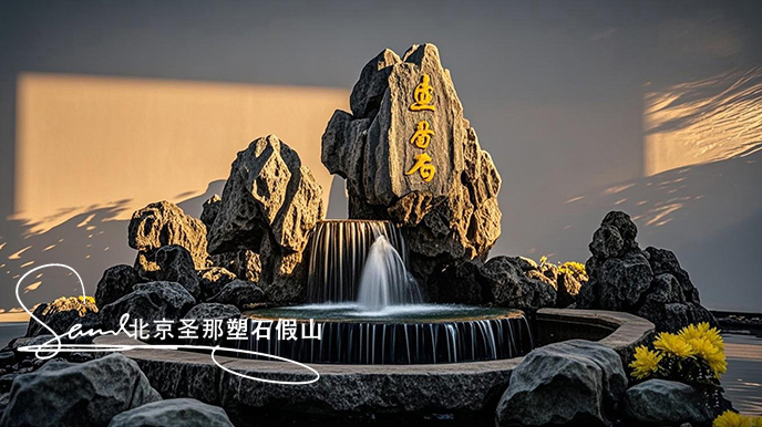 jimeng-2025-06-08-887-這是一處富有特色的天然靈璧石的假山，是用真正的天然靈璧假山石頭制作，能有明顯的凸凹。水流從上層緩緩流下，落入下層的靈璧石池中。背景干凈，沒有其他建筑，只有噴....jpeg