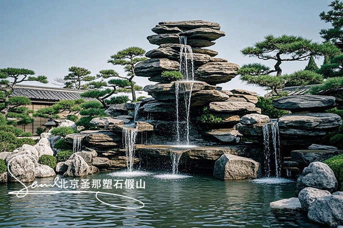 jimeng-2025-06-08-894-這是一處富有特色的天然千層石的假山，石頭是和太湖石一樣有自然橫向紋理，是用真正的天然假山石頭制作，能有明顯的凸凹。水流從上層緩緩流下，落入下層的石池中。背景....jpeg