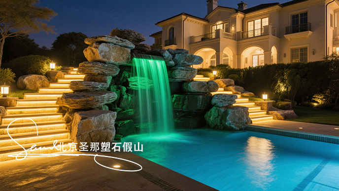 jimeng-2025-06-08-958-這是一座戶外景觀泳池，整體設(shè)計極具特色。泳池以千層石假山石造型構(gòu)建池壁，塑造出自然山石的形態(tài)，營造出仿佛置身于山間溪流的氛圍 。設(shè)有小型瀑布，水流從高處千層....jpeg