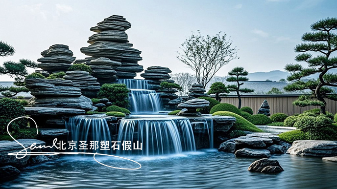 jimeng-2025-06-08-897-這是一處富有特色的天然千層石的假山，石頭是和太湖石一樣有自然橫向紋理，是用真正的天然假山石頭制作，能有明顯的凸凹。水流從上層緩緩流下，落入下層的石池中。背景....jpeg