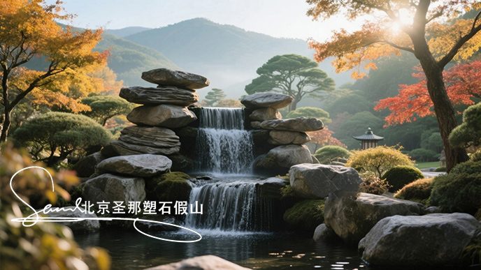 jimeng-2025-06-08-277-瀑布由大小不一的千層石堆疊而成，水流從上層千層石巖石傾瀉至下層，形成優(yōu)美的水簾效果。周圍環(huán)境充滿自然氣息，樹木枝葉呈現(xiàn)出秋天的金黃與橙紅色調(diào) ，陽(yáng)光透過枝葉....jpeg