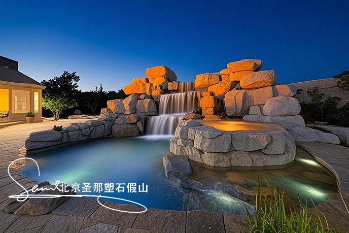 jimeng-2025-06-08-173-這是一處富有特色的水泥塑石景觀場(chǎng)景，是用粗糙的石頭制作，能有明顯的凸凹。水流從上層緩緩流下，落入下層的石池中。背景干凈，沒有其他建筑，只有噴泉本身，中遠(yuǎn)景。....jpeg