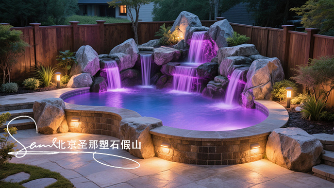 jimeng-2025-06-08-42-這是一座戶外景觀溫泉池。其造型設(shè)計(jì)獨(dú)特，以仿巖石形態(tài)構(gòu)建池壁，營(yíng)造出自然的山石氛圍 ，搭配幾處小型瀑布，水流潺潺增添靈動(dòng)之感。池內(nèi)有紫色燈光照明，營(yíng)造出夢(mèng)幻的....jpeg